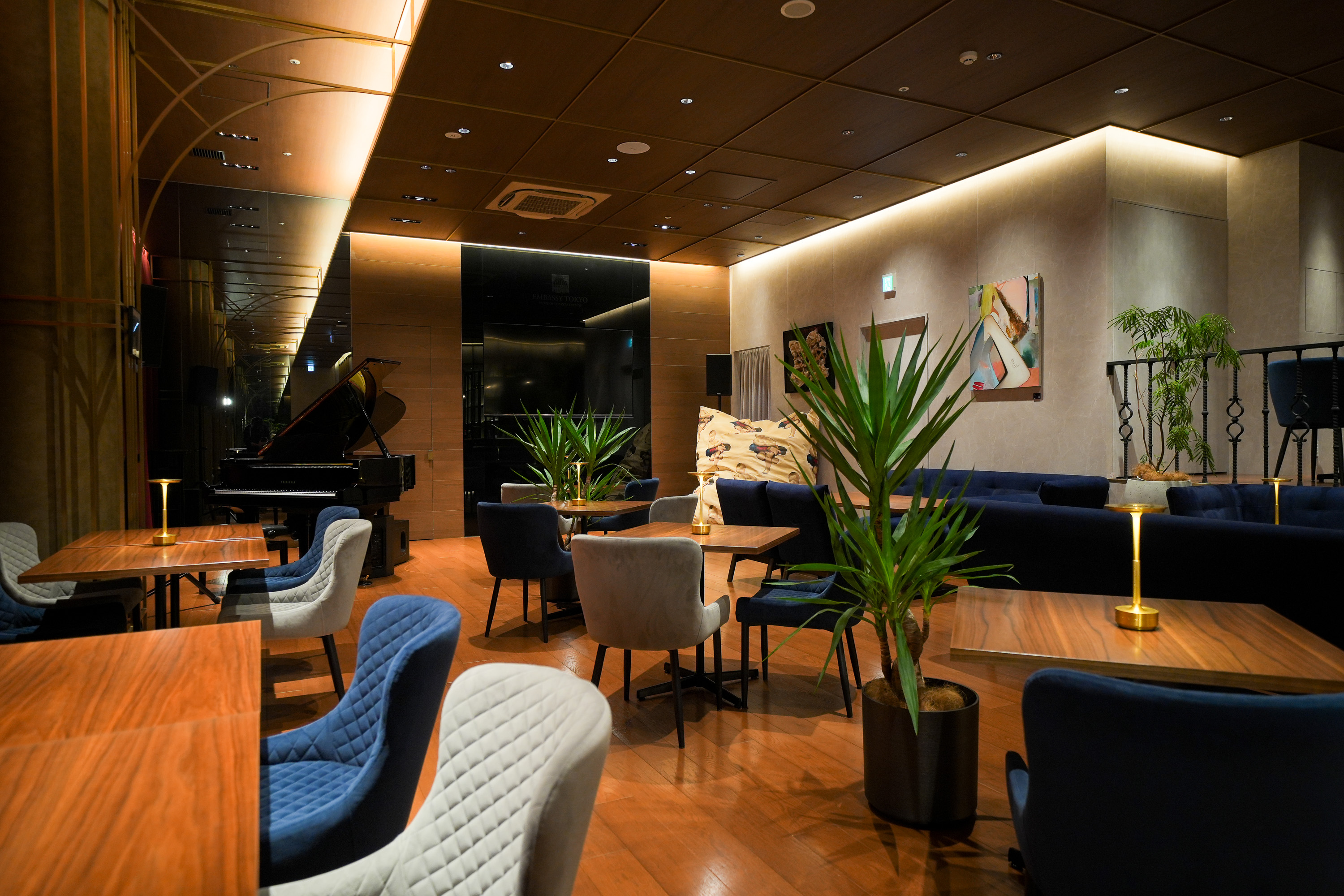 メインフロアの夜の景色、ピアノと植栽